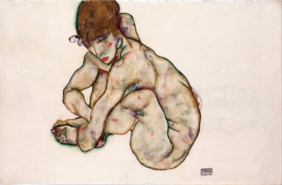 しゃがむ裸の少女 - シーレ、エゴン (1890-1918) - 1914 - 黒チョーク、グワッシュ、紙 - 31,5x48,2 - レオポルド美術館、ウィーン 作： Egon Schiele