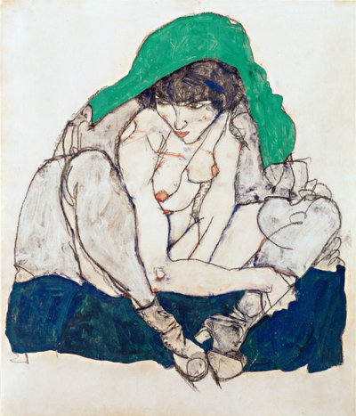 緑のスカーフをかぶった女性 - シーレ、エゴン (1890-1918) - 1914 - 黒チョーク、グワッシュ、紙 - 47x31 - レオポルド美術館、ウィーン 作： Egon Schiele