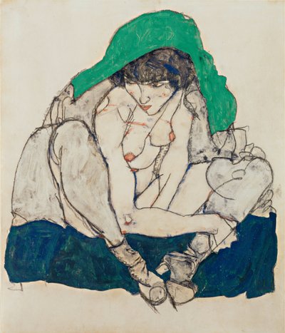 緑のスカーフを身をかがめる女性、1914年 作： Egon Schiele