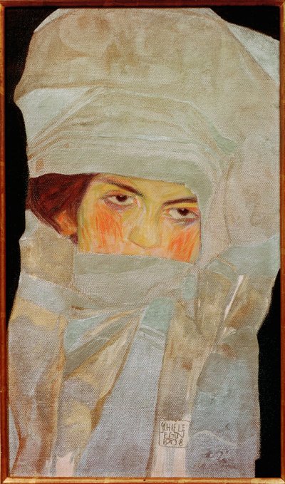 銀色のスカーフを巻いたアーティストの妹、メラニー。 作： Egon Schiele