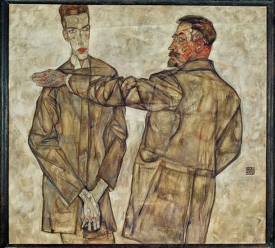 二重肖像の中央検査官...（キャンバスに描かれた絵） 作： Egon Schiele