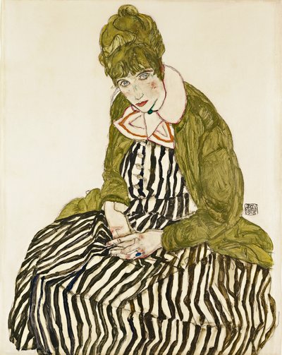 縞模様のドレスを着て着席するイーディス・シーレ。 エゴン・シーレ (1890-1918) の作品、紙に鉛筆とガッシュ 作： Egon Schiele