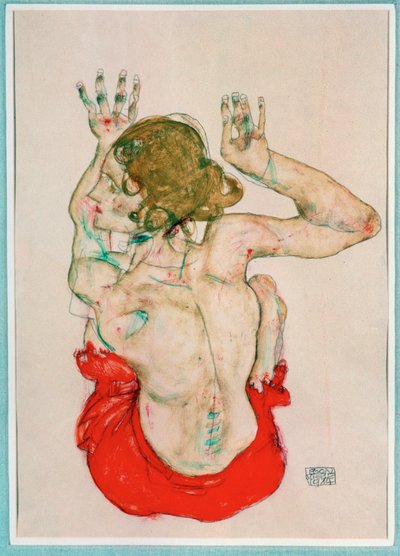 赤いドレープに座る女性ヌード、後ろ姿（グワッシュ、水彩、鉛筆） 作： Egon Schiele