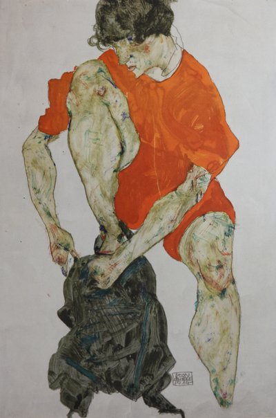 赤いローブを着た女性モデル、1914年。 作： Egon Schiele