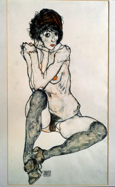 裸の女性が座っています。エゴン・シーレによるドローイング 作： Egon Schiele