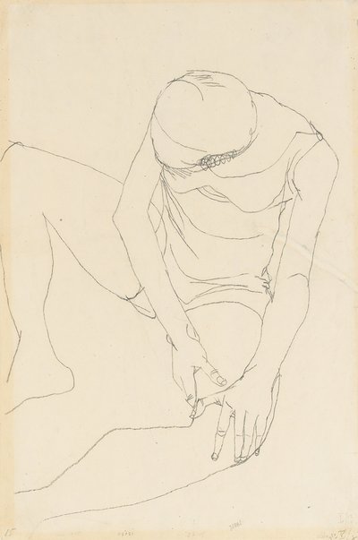 女性のヌードが前屈み、左太ももに両手、1913 作： Egon Schiele