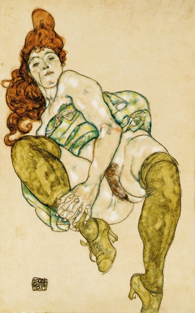 右脚を握る女性のヌード、1917年 作： Egon Schiele