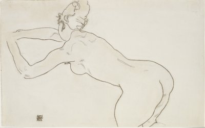 1918年にひざまずいて左に前屈した女性のヌード 作： Egon Schiele