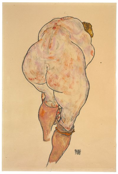 ストッキングを引き上げる女性のヌード、背面図、1918 作： Egon Schiele