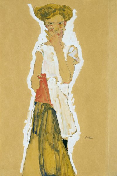 "Fille debout en combinaison blanche" (白いペチコートを着た少女の立ち姿) エゴン・シーレ（1890-1918）の紙へのグワッシュ画 - 1911年 Dim 55x37 cm ニューヨーク近代美術館 作： Egon Schiele