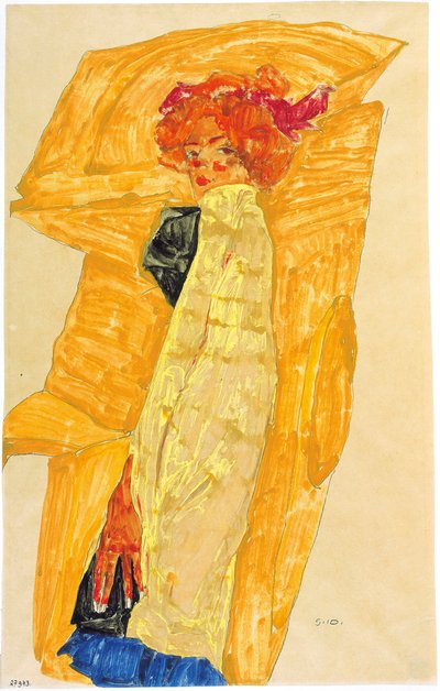 黄土色のドレープの前に立つゲルティ、1910年。 作： Egon Schiele