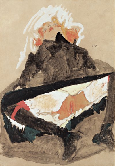 1910年に脚を広げた黒いドレスの少女 作： Egon Schiele