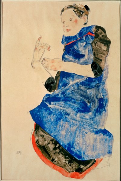 青いエプロンの少女 (水彩、鉛筆) 作： Egon Schiele