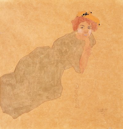 支柱付きのオリーブ色のドレスを着た女の子。腕を上げてオリーブ色のドレスを着た女性 作： Egon Schiele