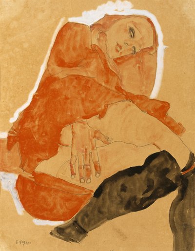赤いローブと黒ストッキングの女の子 作： Egon Schiele