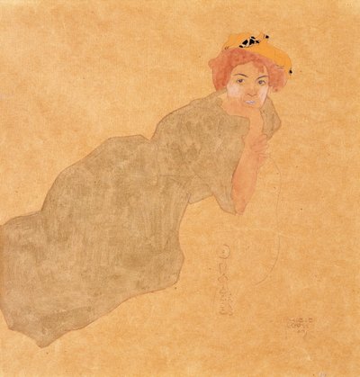 支えられた腕を持つオリーブ色のドレスの少女、1908年 作： Egon Schiele