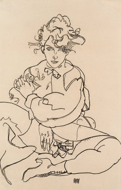 開脚で座っている少女、1918年 作： Egon Schiele