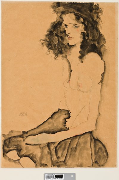 黒髪の少女、1911年（紙と紙とグラファイト鉛筆） 作： Egon Schiele