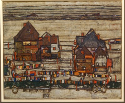 住宅とカラフルなランドリー、郊外、また、洗濯ラインのある家の2つのブロック... 作： Egon Schiele