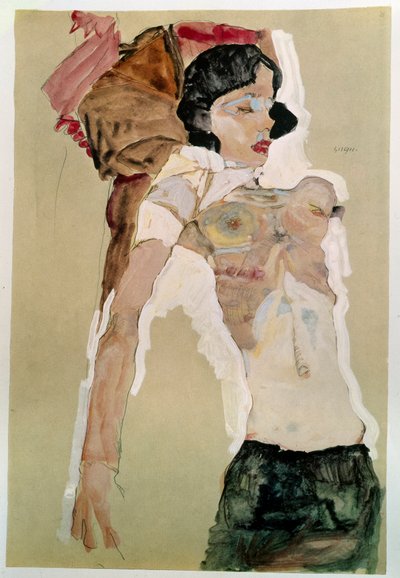 半分裸の女性。エゴンシーレ（1890〜1918年）、1911年鉛筆、水彩画。薄暗い：45,9x31,1cm。ウィーン、グラフィッシュサムルングアルベルティーナ 作： Egon Schiele