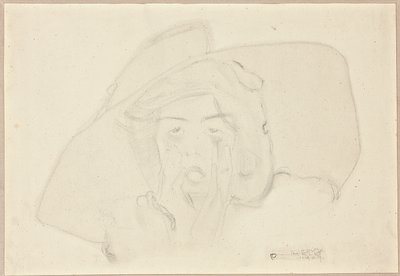 大きな帽子をかぶった叫び声の若い女性の頭、手で支えられたあご 作： Egon Schiele