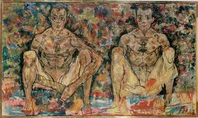 しゃがんだ男性カップル... 作： Egon Schiele