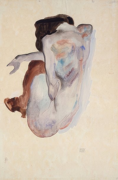 靴と黒のストッキングを着た身をかがめるヌード、背面図。 1912 作： Egon Schiele