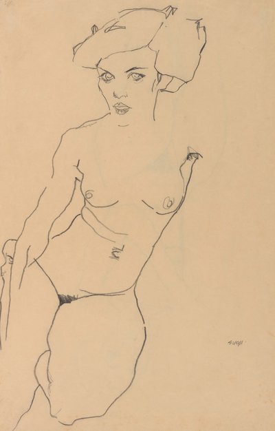 ひざまずく女性ヌード 作： Egon Schiele