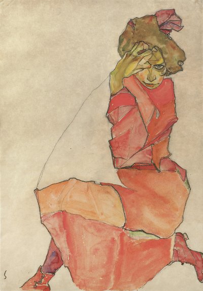 オレンジ色の赤いドレスを着たひざまずく女性、1910年 作： Egon Schiele