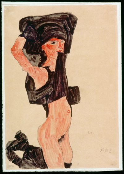 ひざまずく少女、脱衣（ガッシュ、水彩、鉛筆） 作： Egon Schiele