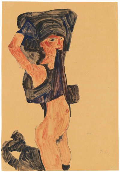 ひざまずいてスカートを頭からかぶる少女、1910年。 作： Egon Schiele