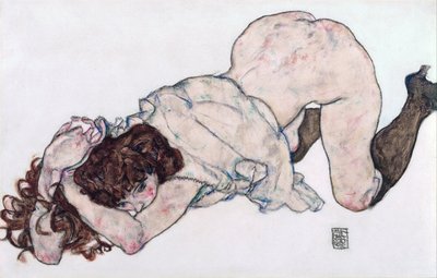 ひざまずく少女、両肘で休む - シーレ、エゴン (1890-1918) - 1917 - 黒チョーク、グワッシュ、紙 - 28,7x44,3 - レオポルド美術館、ウィーン 作： Egon Schiele