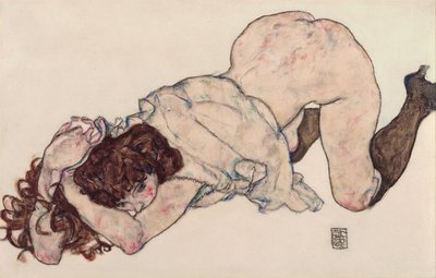 ひざまずく少女、両肘で休む、1917年 作： Egon Schiele