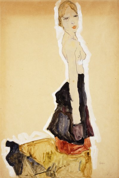 スペインのスカートとひざまずく女の子。スペインのスカートとひざまずく少女、1911 作： Egon Schiele