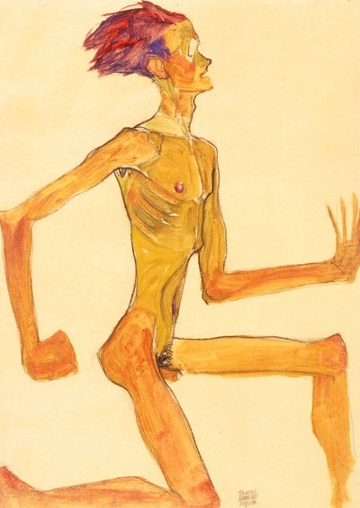 裸の男をひざまずいて、右の横顔 作： Egon Schiele