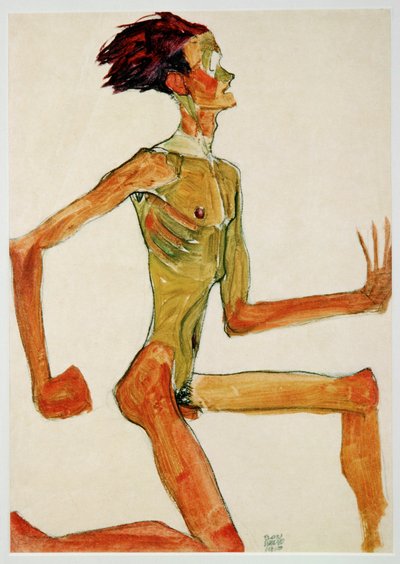 ひざまずく男性ヌード、右向きの横顔（グワッシュ、水彩、黒クレヨン） 作： Egon Schiele