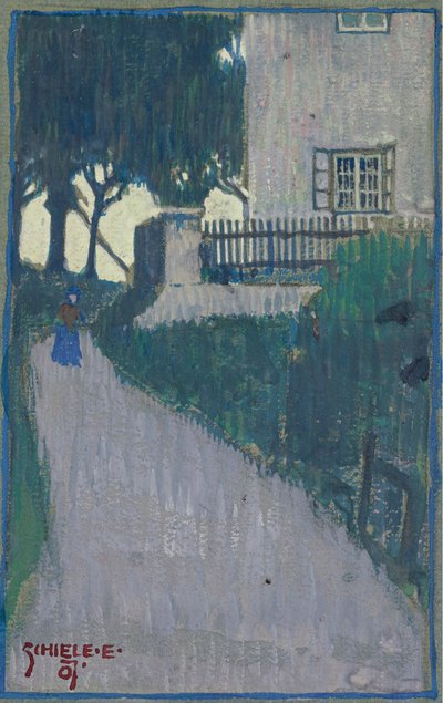 家、木、女性像のある風景 par シーレ、エゴン（1890-1918 作： Egon Schiele