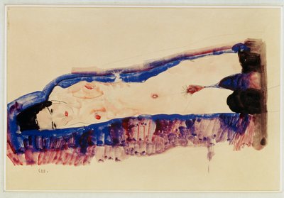 黒いストッキングをはいた横たわるヌード...（水彩、鉛筆） 作： Egon Schiele