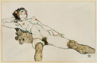 開脚した横たわる女性ヌード...（ガッシュ、鉛筆） 作： Egon Schiele