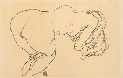 長い髪のヌード、前傾、後ろ姿; Langhaariger Akt、vornubergebeugt、Ruckenansicht、1918 作： Egon Schiele