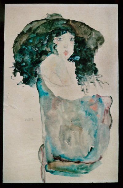 青黒い髪と帽子の少女 （ガッシュ、水彩、鉛筆） 作： Egon Schiele