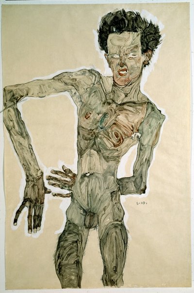 男性ヌード（自画像）。エゴン・シーレ（1890-1918）、1910年。紙に鉛筆、水彩、テンペラ。薄暗い：55,7x36,8cm。ウィーン、グラフィッシュサムルングアルベルティーナ 作： Egon Schiele