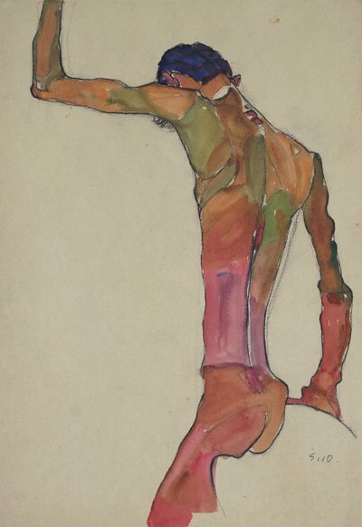 腕を上げる男性のヌード 作： Egon Schiele