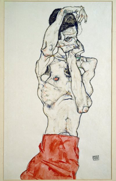 赤いシートと男性のヌード 作： Egon Schiele