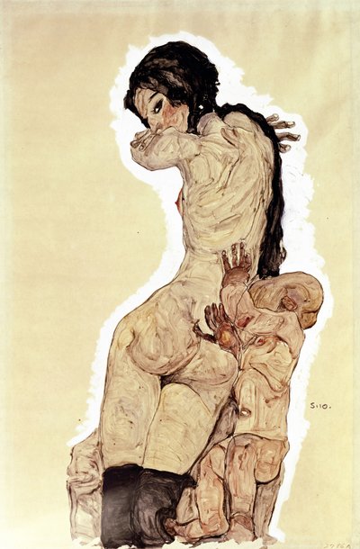 お母さんと子供。 （お母さんと子供）。 エゴン・シーレ (1890-1918) の作品、紙に水彩とガッシュ 作： Egon Schiele