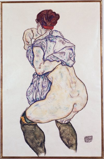 ミストレスハルバックト、グリーンストッキング、1917年 作： Egon Schiele