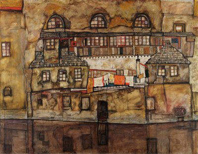 川沿いの家々の壁 - エゴン・シーレ (1890-1918) の絵画、キャンバスに油彩 作： Egon Schiele