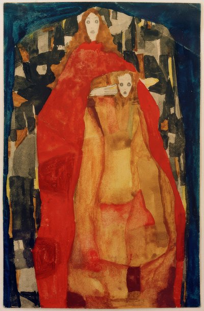 赤いコートを着た子供と母親 作： Egon Schiele