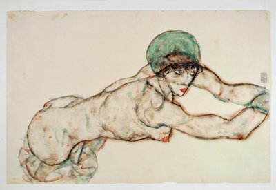 右に横たわる裸婦と緑のボンネット（水彩、鉛筆） 作： Egon Schiele