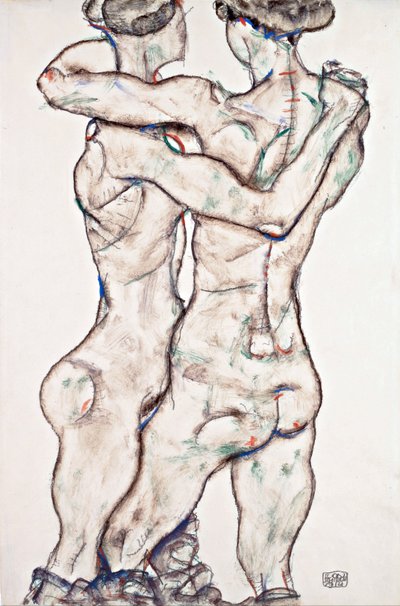 Naked Girls Embracing - Schiele, Egon (1890-1918) - 1914 - Black chalk, Gouache on Paper - 48x31,2 - レオポルド美術館、ウィーン 作： Egon Schiele